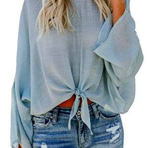 BELL SLEEVE SCOOP NECK FRONT TIE BLOUSE